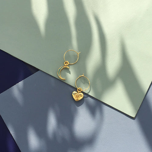 Brincos de Argola com Lua de Cristal Turquesa e Coração